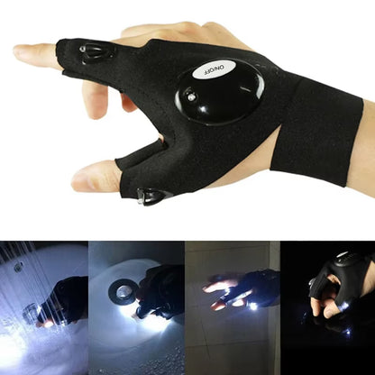 1 Pair Right and Left Charged Gloves Outdoor Hiking Fingerless Gloves with LED Light Waterproof Flashlight Glove Party