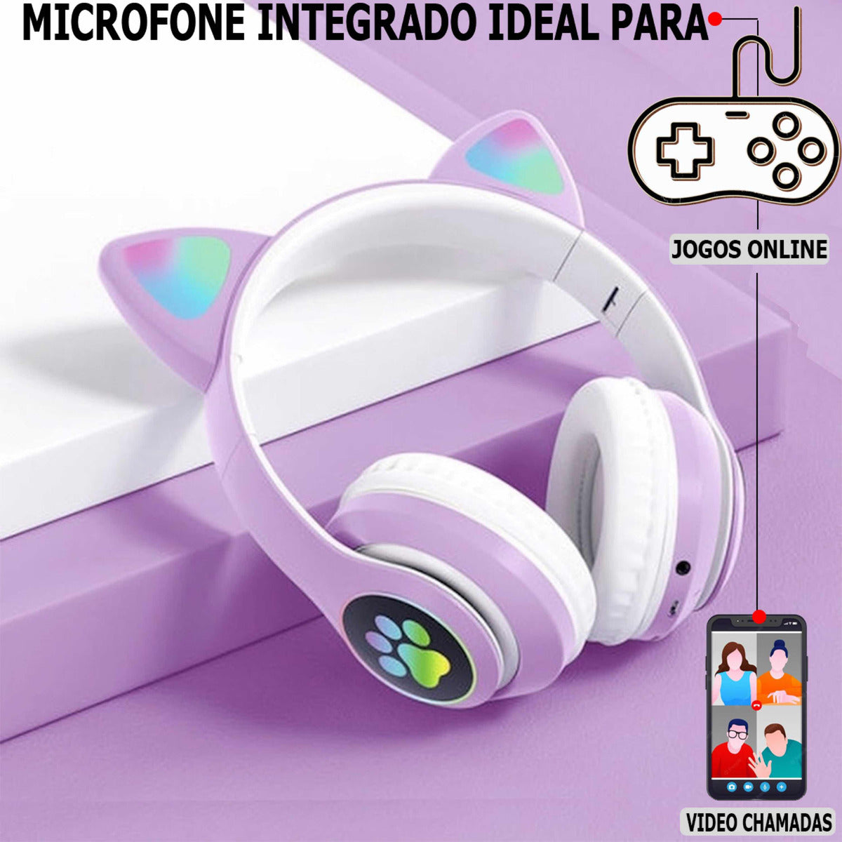 Fone De Ouvido Bluetooth Orelha Gatinho Infantil Led Sem Fio