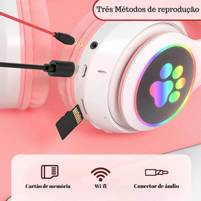 Fone De Ouvido Bluetooth Orelha Gatinho Infantil Led Sem Fio