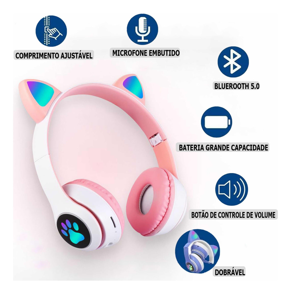 Fone De Ouvido Bluetooth Orelha Gatinho Infantil Led Sem Fio