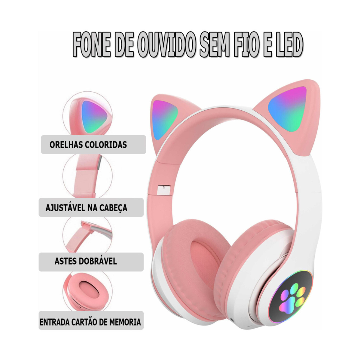 Fone De Ouvido Bluetooth Orelha Gatinho Infantil Led Sem Fio