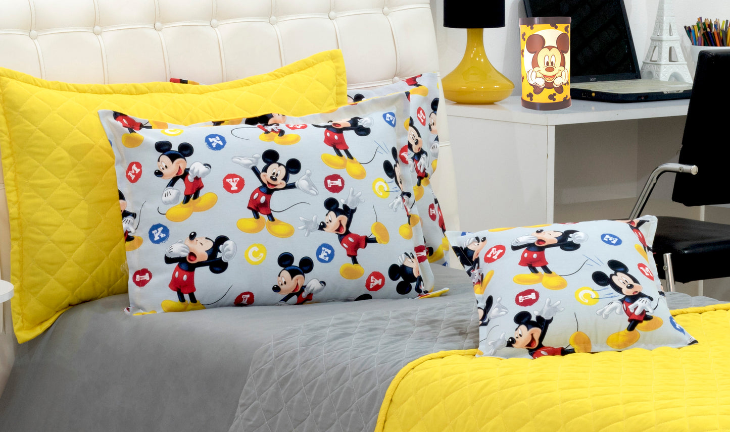 Cobreleito Mickey Solteiro Dupla Face Amarelo E Cinza 03 Pçs